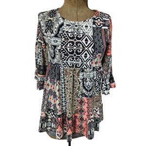 Pomelo Tunic Top Womens Size L Boho Patchwork Bell Sleeve Lightweight Flowy USA